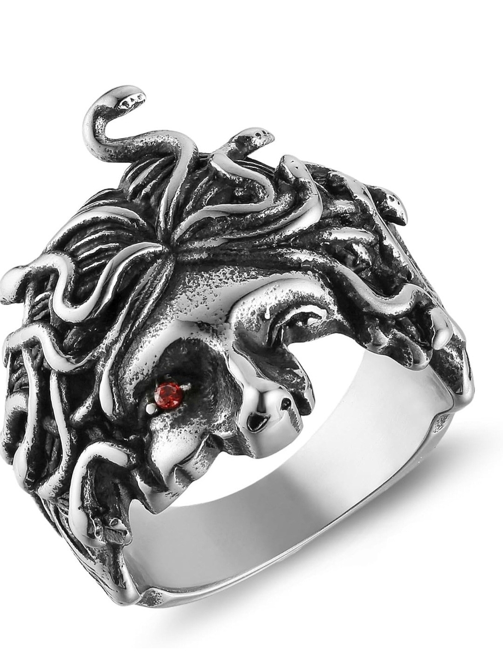 Sterling-Style Medusa Head Ring with Red Stone Accent - Women's Jewelry